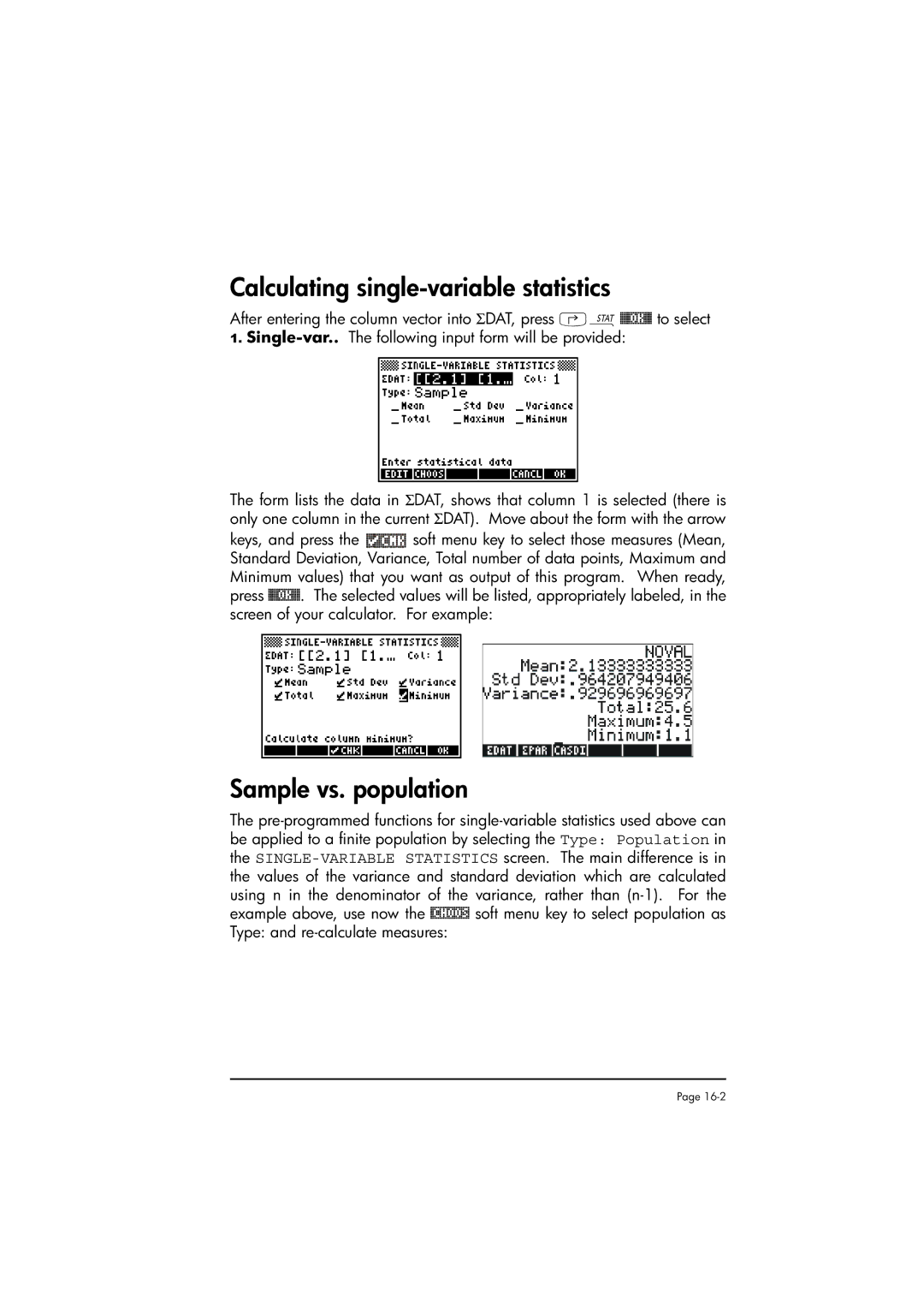 HP 50g manual Calculating single-variable statistics, Sample vs. population 