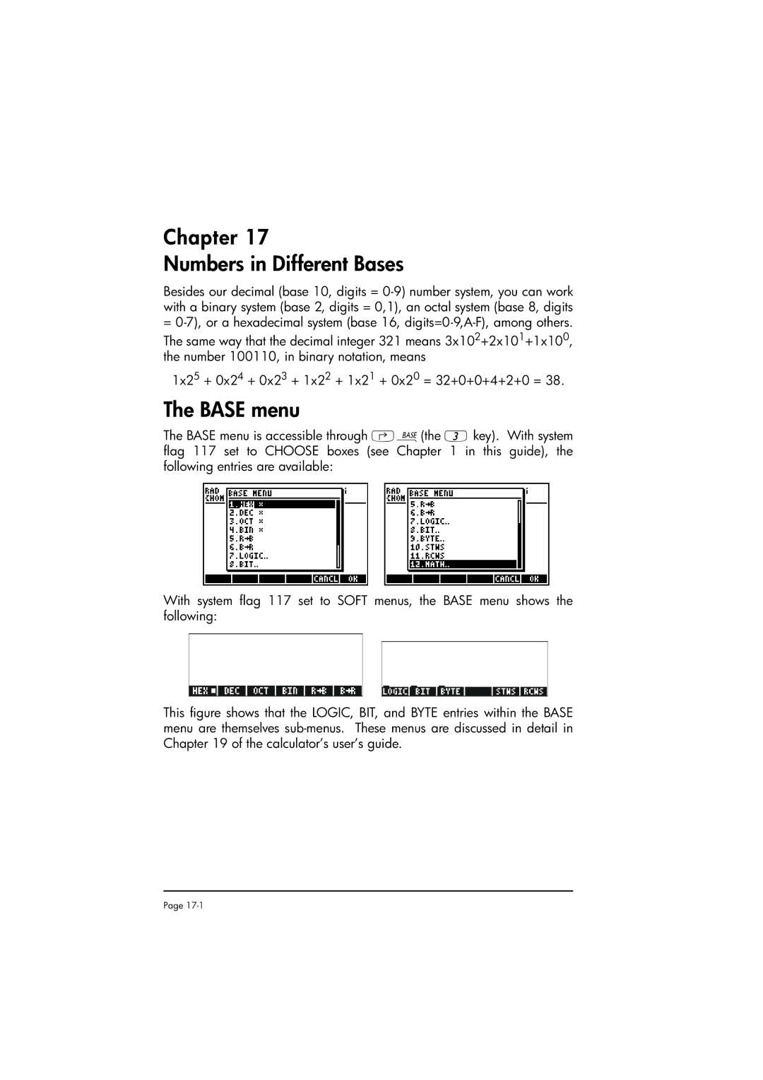 HP 50g manual Chapter Numbers in Different Bases, Base menu 