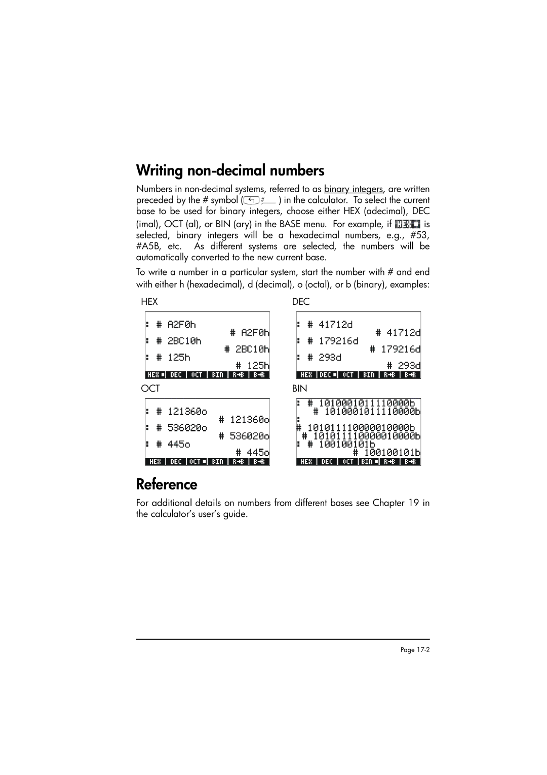 HP 50g manual Writing non-decimal numbers, Reference 