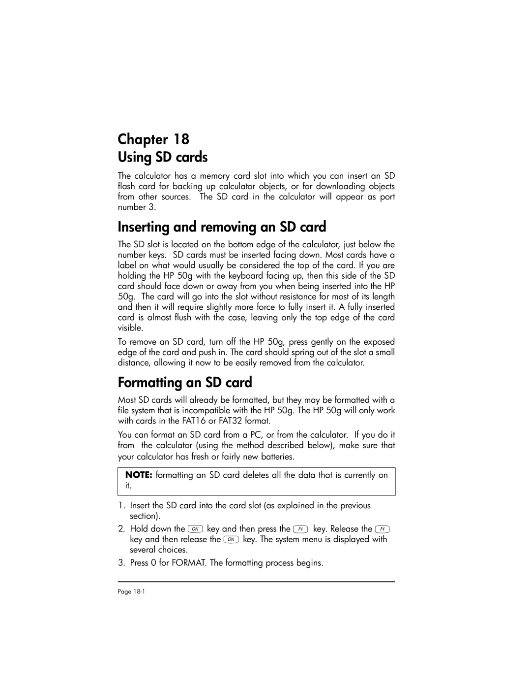 HP 50g manual Chapter Using SD cards, Inserting and removing an SD card, Formatting an SD card 