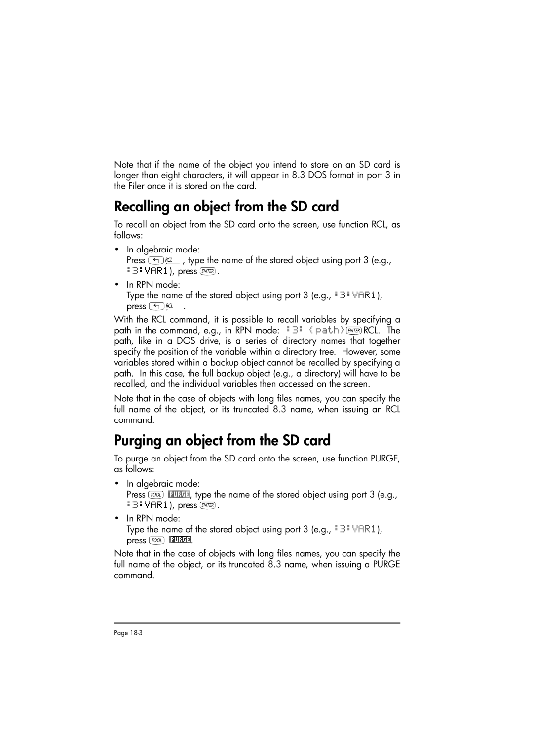 HP 50g manual Recalling an object from the SD card, Purging an object from the SD card 