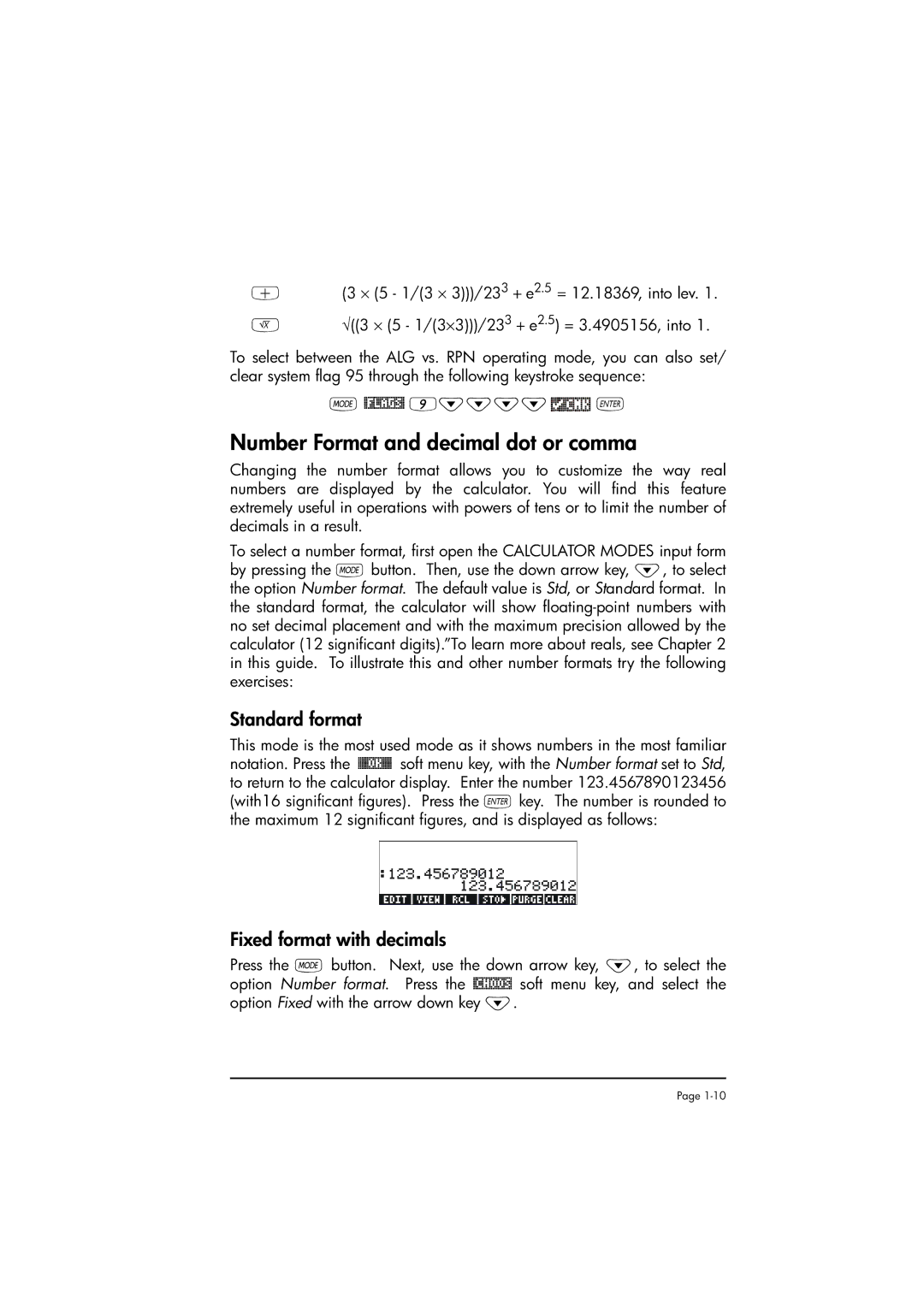 HP 50g manual Number Format and decimal dot or comma, Standard format, Fixed format with decimals 