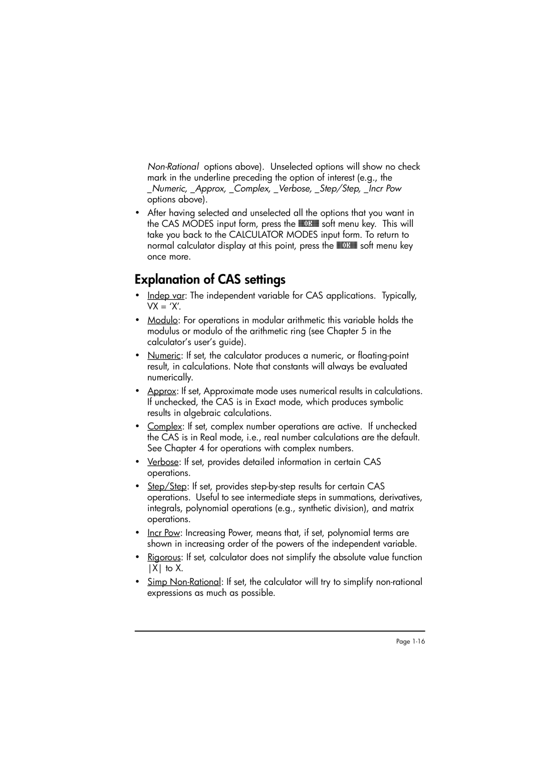 HP 50g manual Explanation of CAS settings 