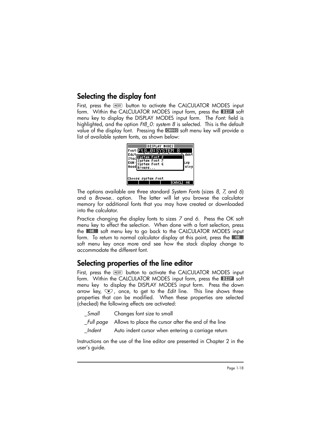 HP 50g manual Selecting the display font, Selecting properties of the line editor 