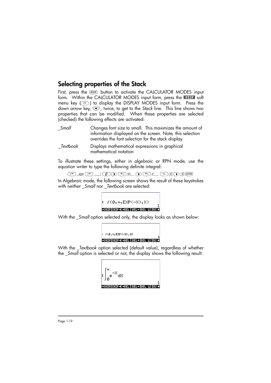 HP 50g manual Selecting properties of the Stack 