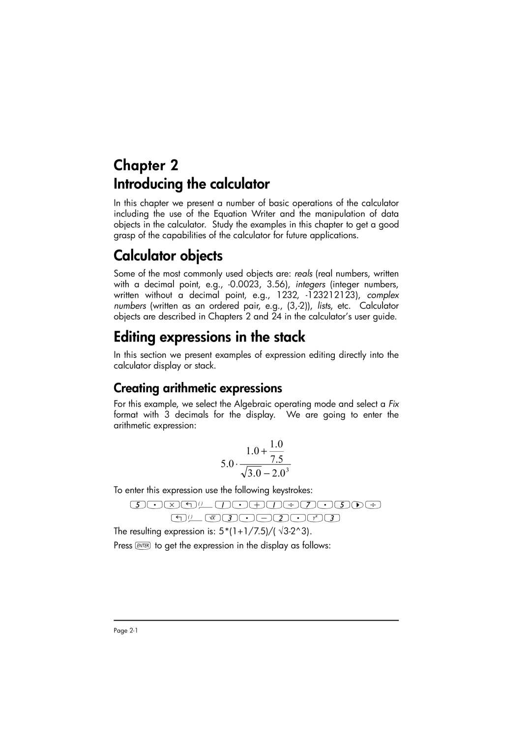 HP 50g manual Chapter Introducing the calculator, Calculator objects, Editing expressions in the stack 