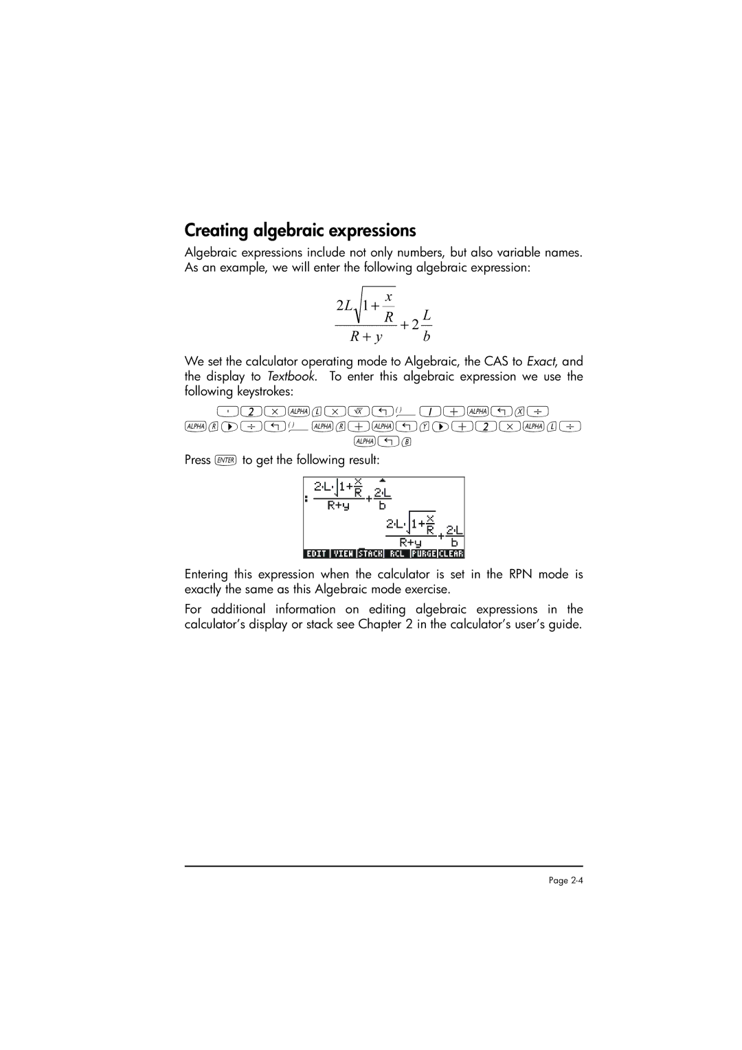 HP 50g manual Creating algebraic expressions, 2L 1 + + 2 L + y 