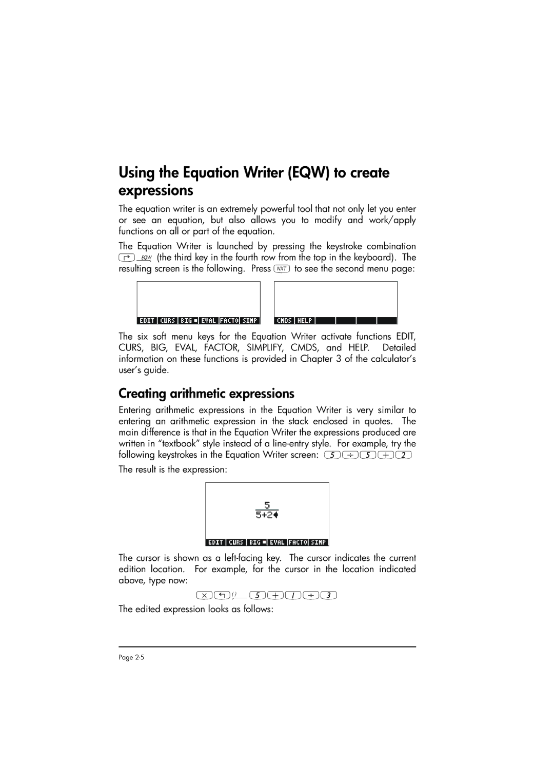 HP 50g manual Using the Equation Writer EQW to create expressions, Creating arithmetic expressions 