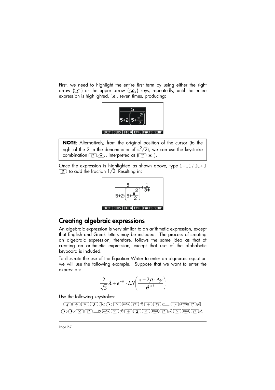 HP 50g manual Creating algebraic expressions, ⎛ x + 2 ∝ ⋅ ∆y ⎞ 