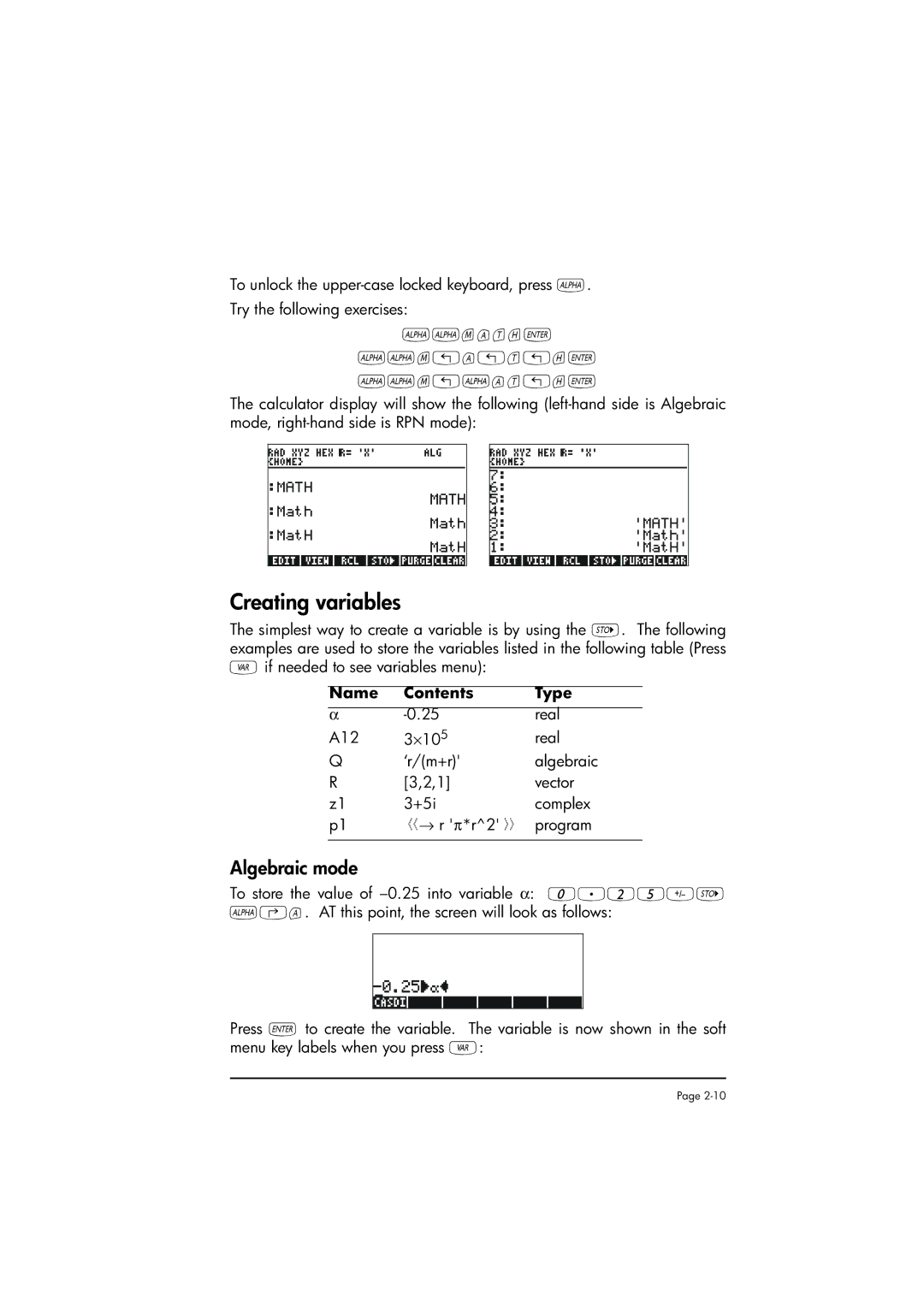 HP 50g manual Creating variables, Algebraic mode 