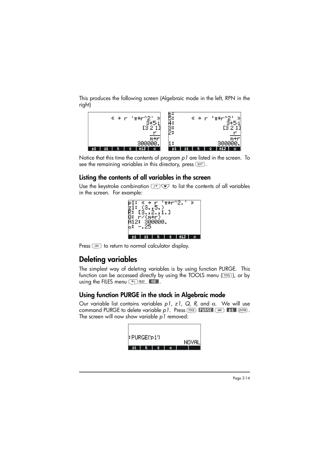 HP 50g manual Deleting variables, Listing the contents of all variables in the screen 