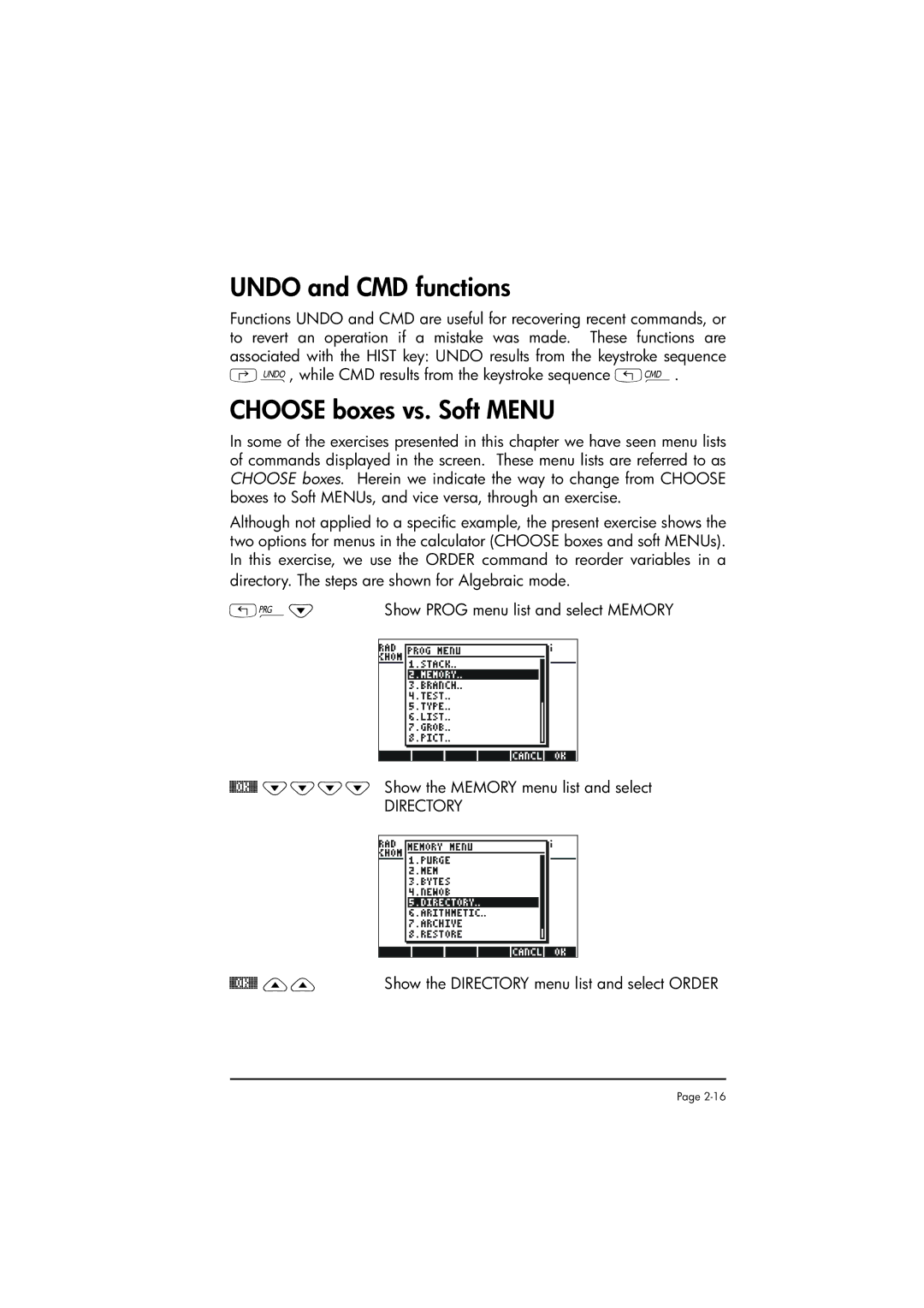 HP 50g manual Undo and CMD functions, Choose boxes vs. Soft Menu 