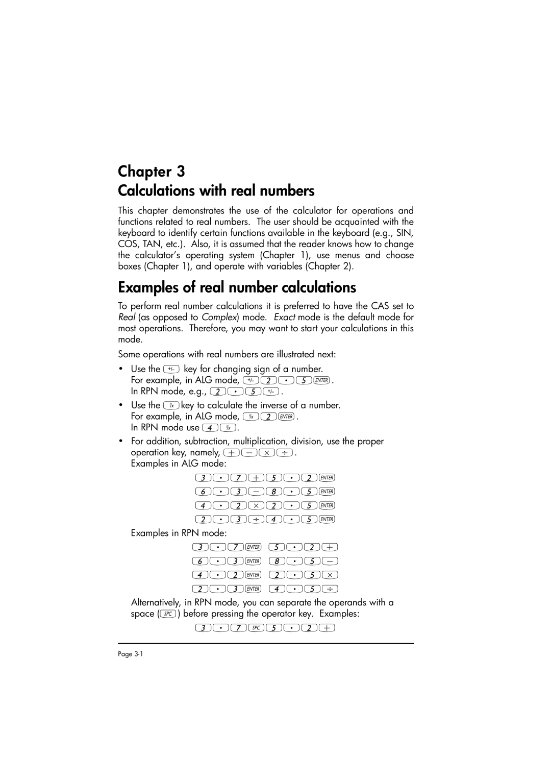 HP 50g manual Chapter Calculations with real numbers, Examples of real number calculations 