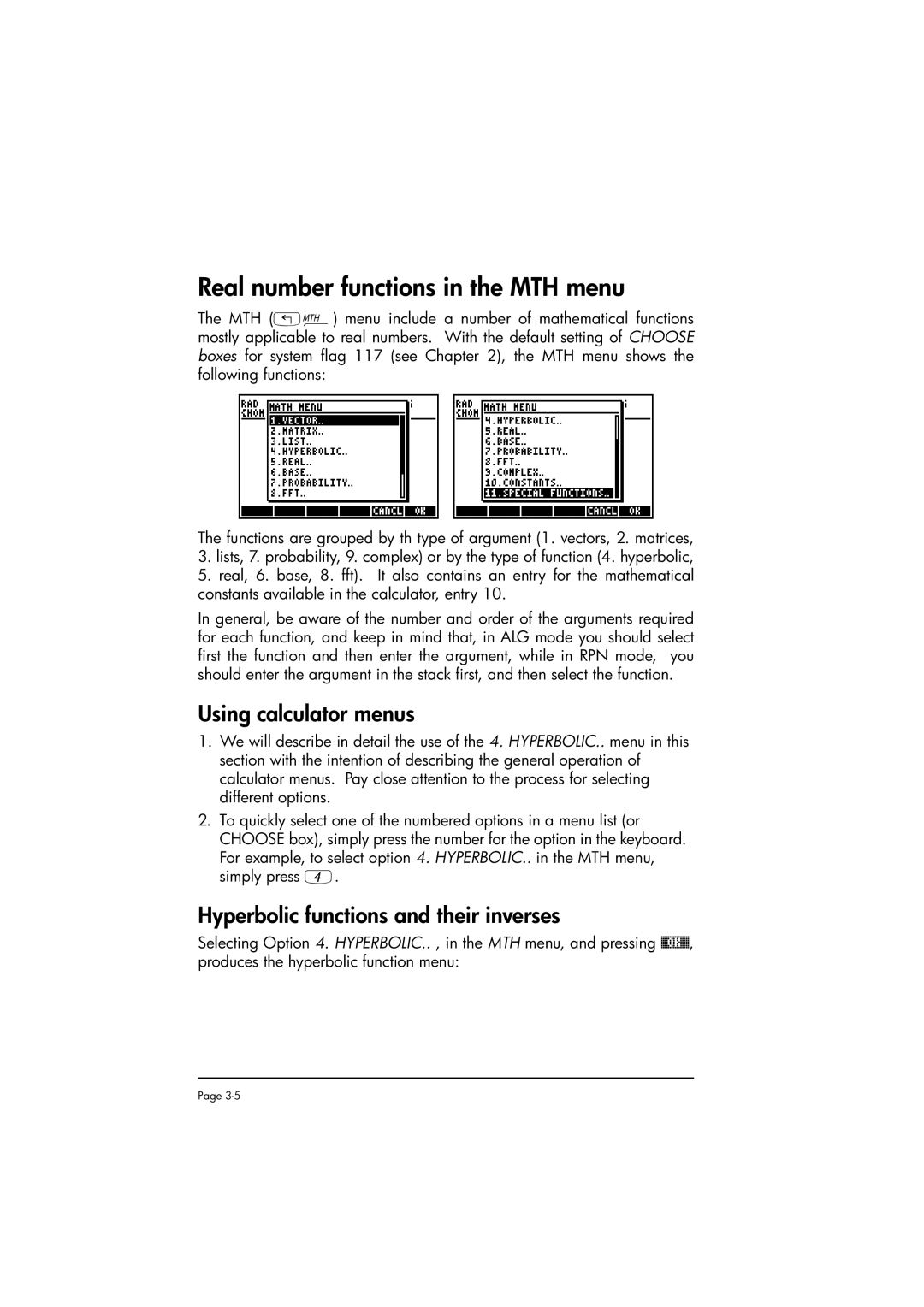 HP 50g manual Real number functions in the MTH menu, Using calculator menus, Hyperbolic functions and their inverses 