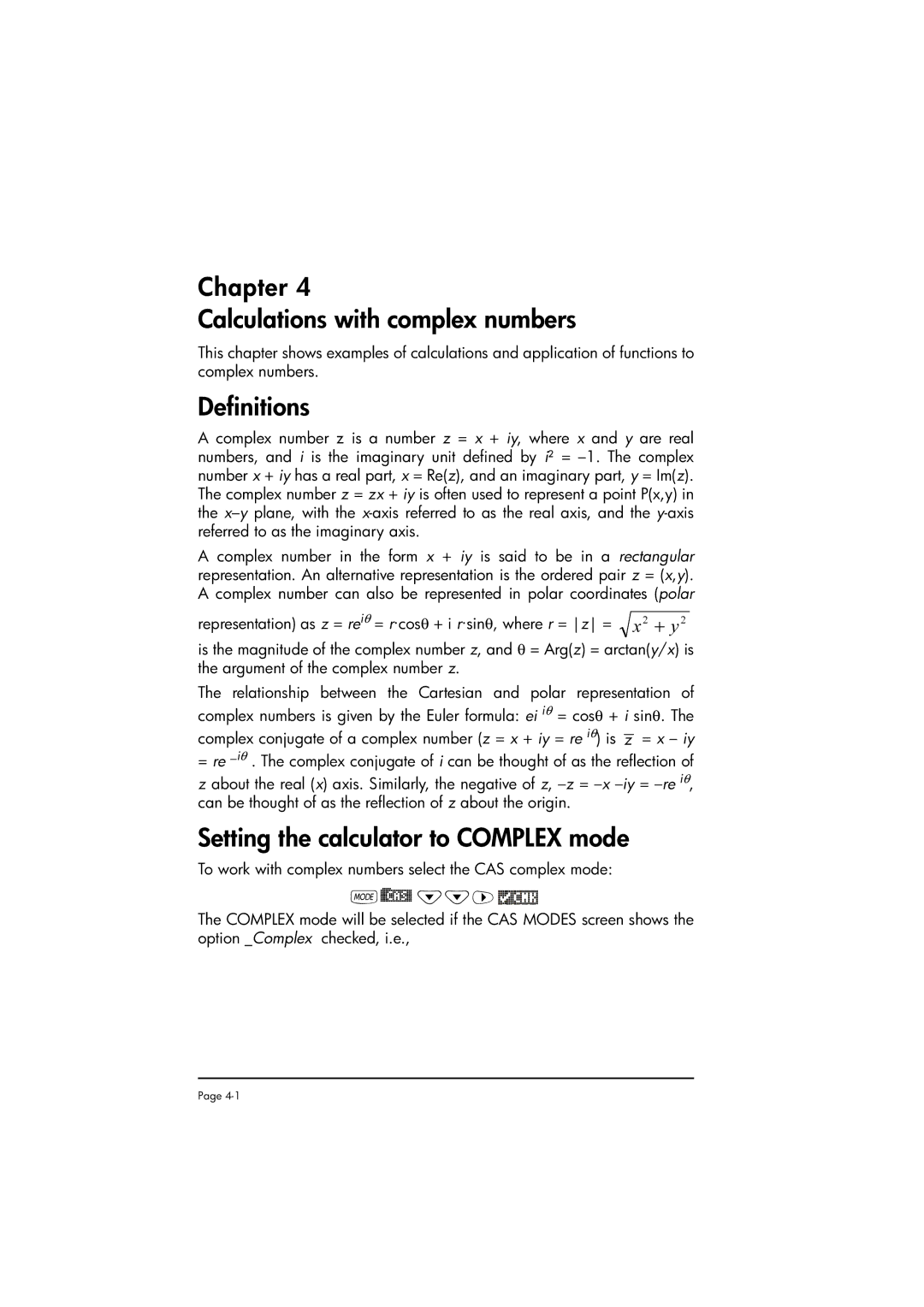 HP 50g manual Chapter Calculations with complex numbers, Definitions, Setting the calculator to Complex mode 