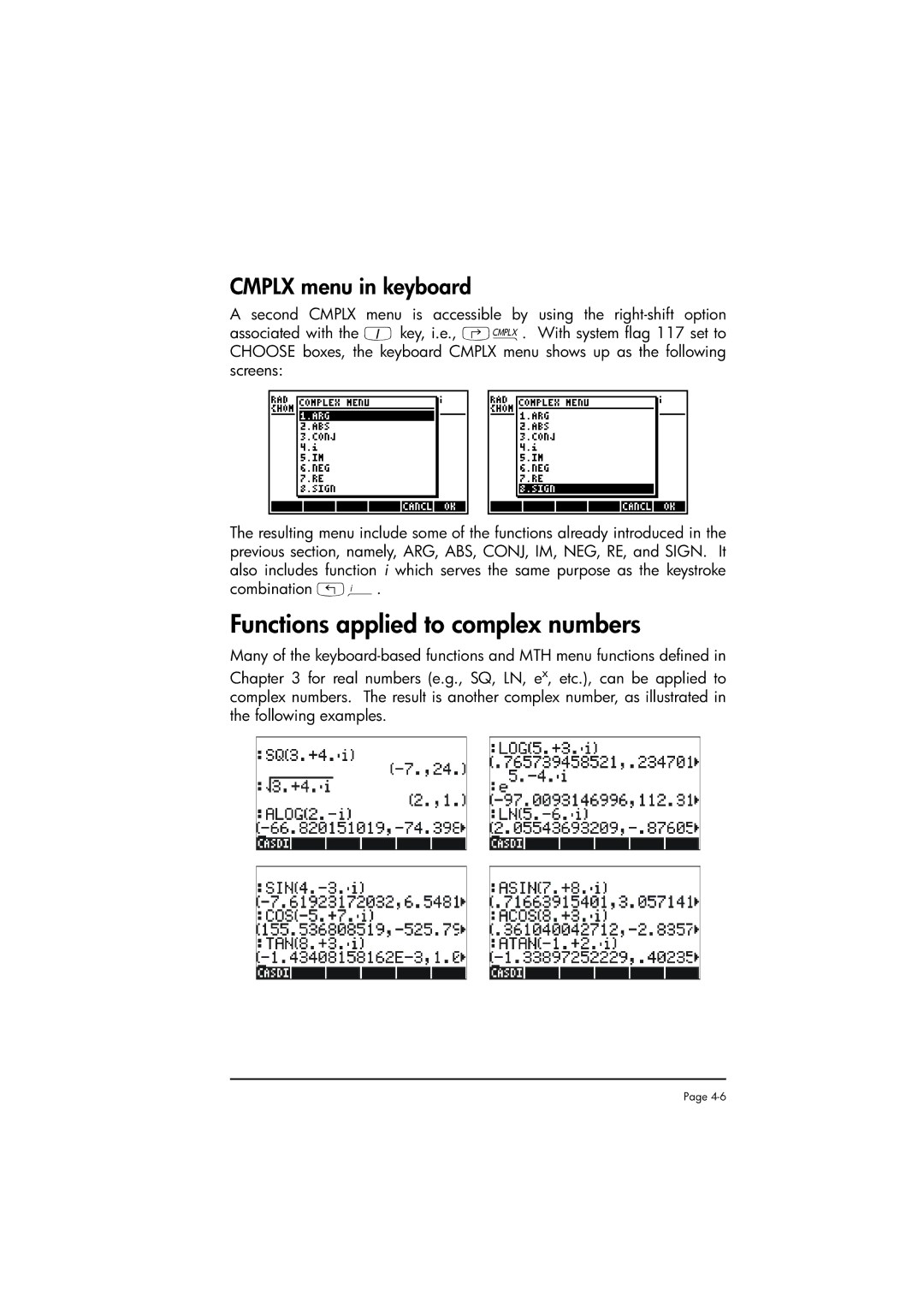 HP 50g manual Functions applied to complex numbers, Cmplx menu in keyboard 