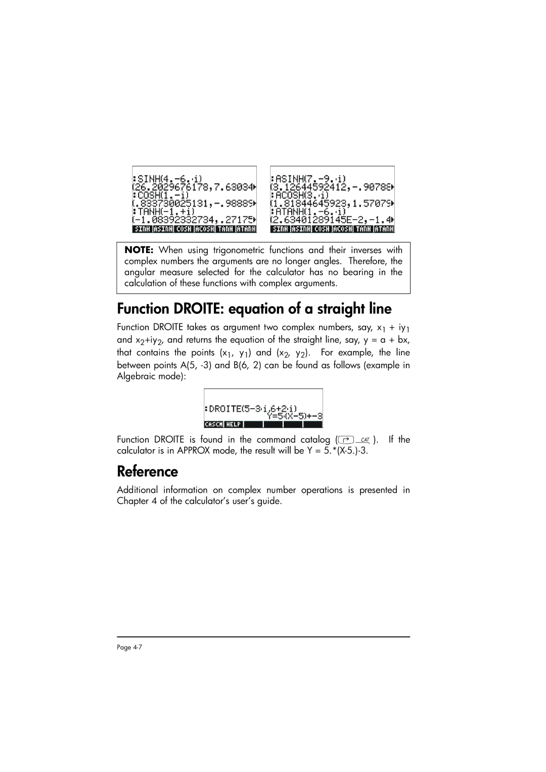 HP 50g manual Function Droite equation of a straight line, Reference 