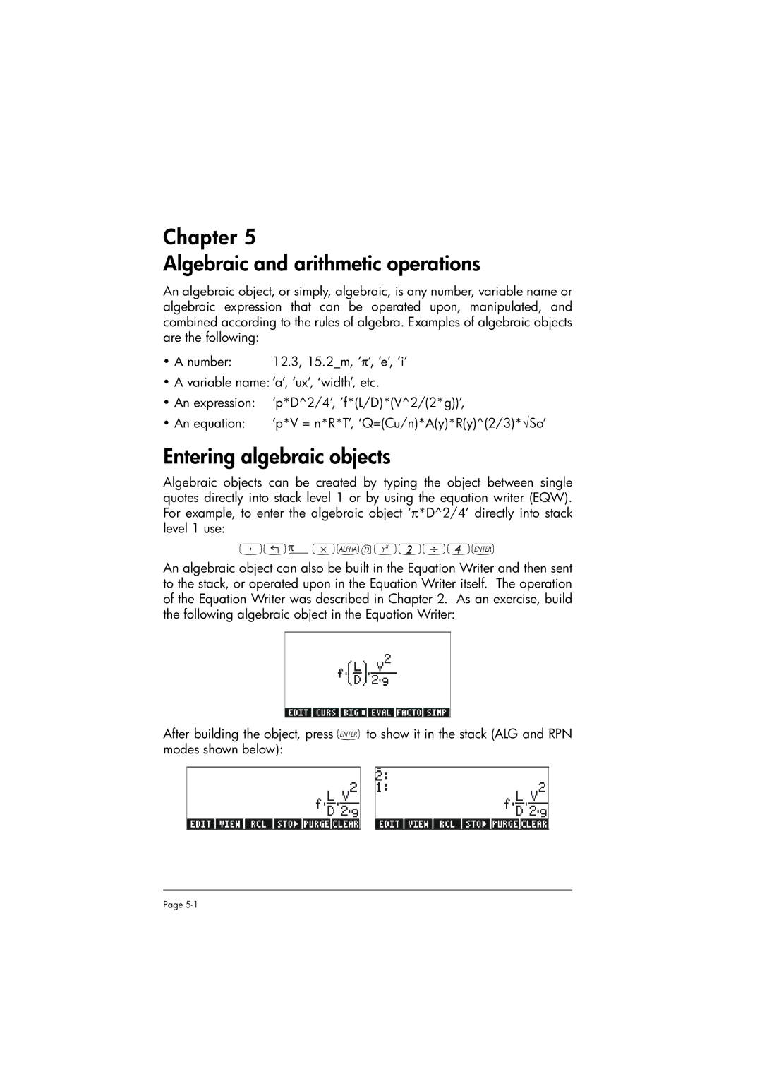 HP 50g manual Chapter Algebraic and arithmetic operations, Entering algebraic objects 