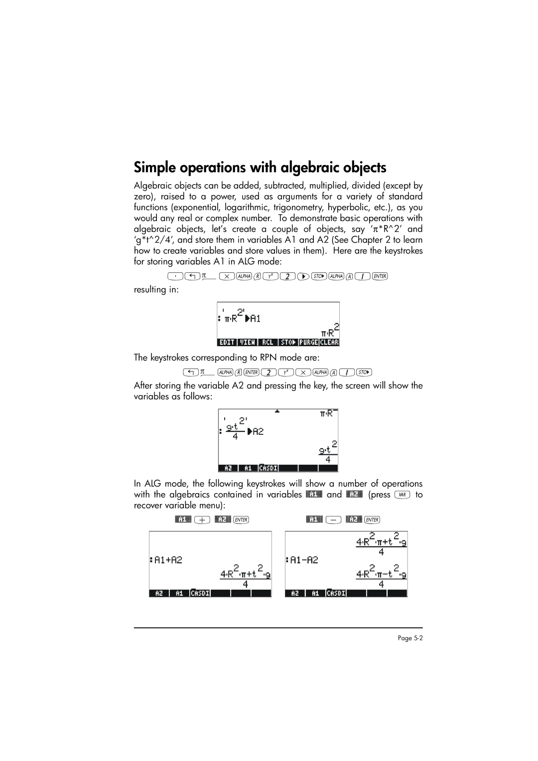 HP 50g manual Simple operations with algebraic objects 