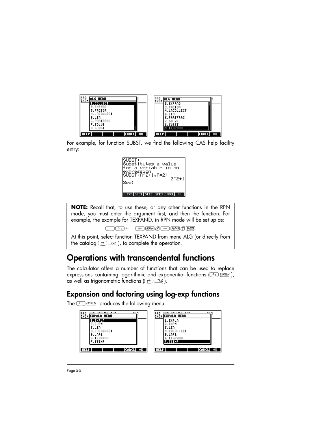 HP 50g manual Operations with transcendental functions, Expansion and factoring using log-exp functions 