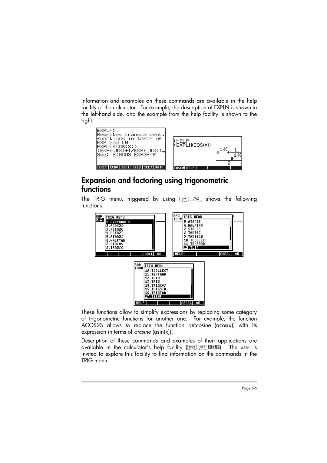 HP 50g manual Expansion and factoring using trigonometric functions 