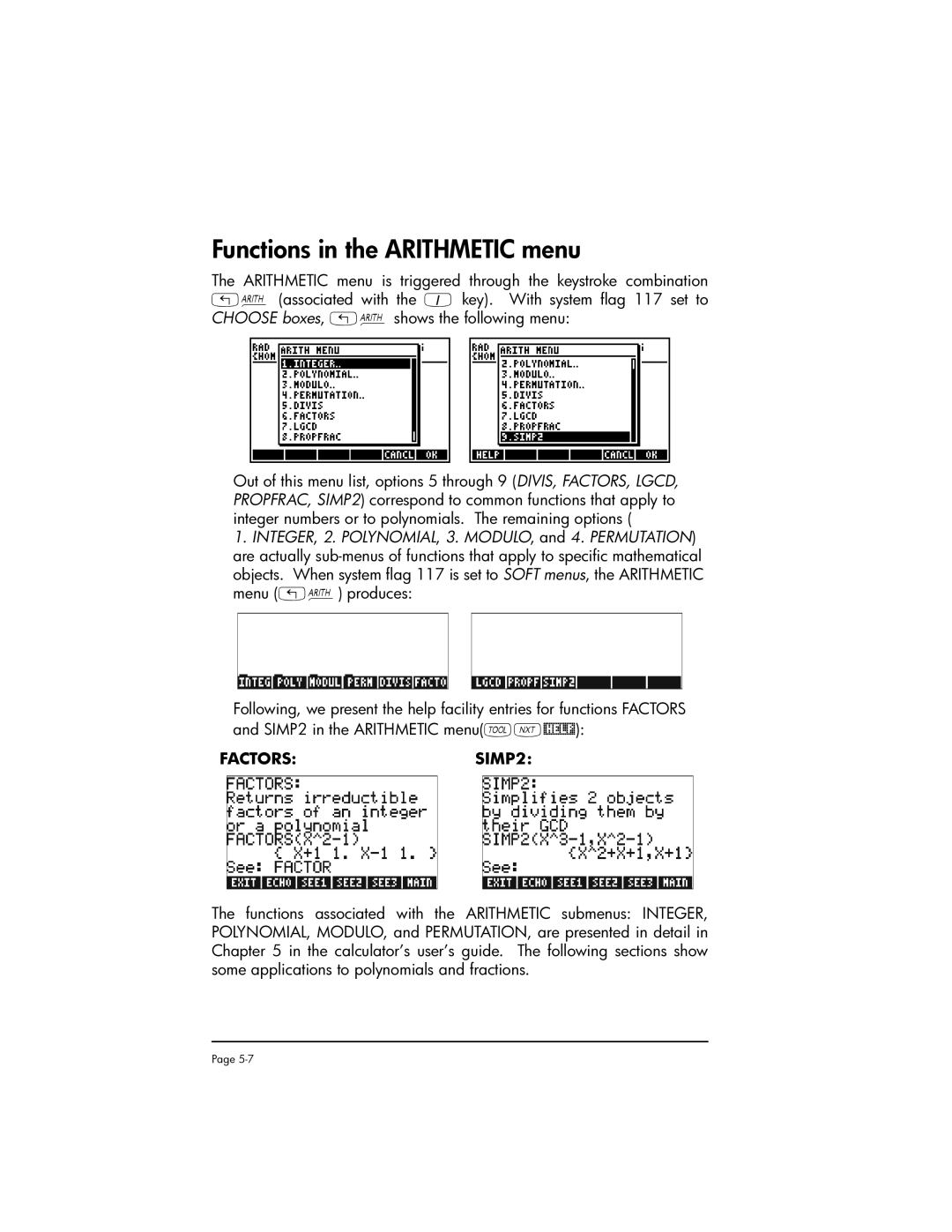 HP 50g manual Functions in the Arithmetic menu, FACTORSSIMP2 