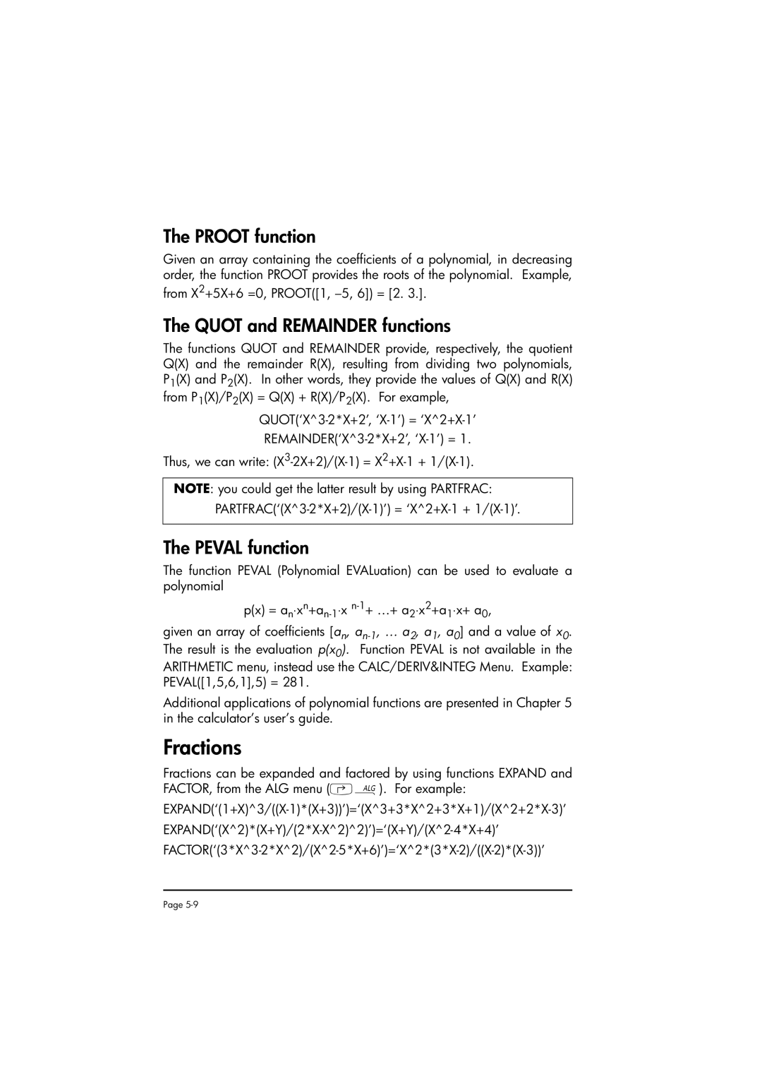 HP 50g manual Fractions, Proot function, Quot and Remainder functions, Peval function 