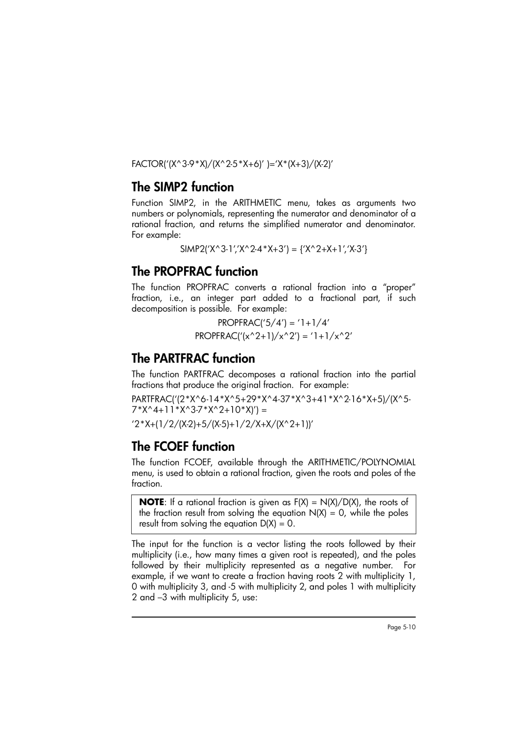 HP 50g manual SIMP2 function, Propfrac function, Partfrac function, Fcoef function 