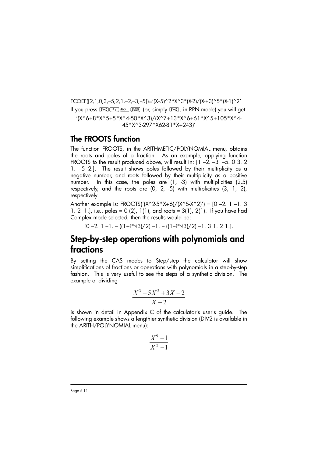 HP 50g manual Step-by-step operations with polynomials and fractions, Froots function, 5X 2 + 3X 