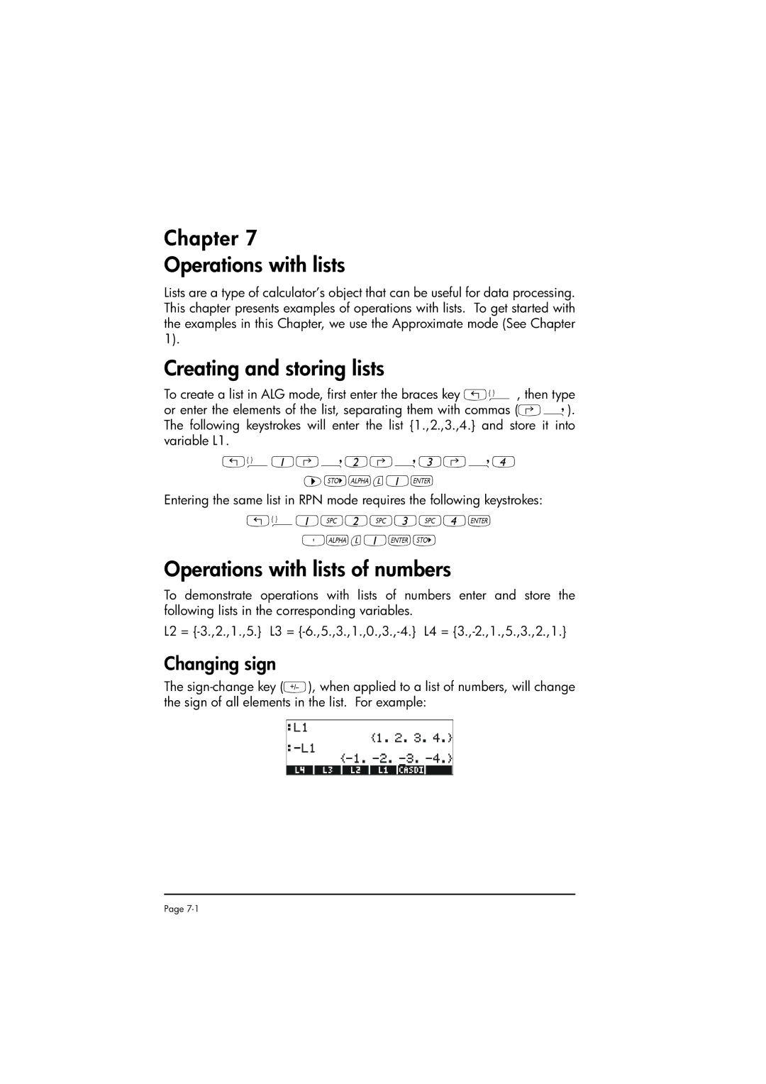 HP 50g manual Chapter Operations with lists, Creating and storing lists, Operations with lists of numbers, Changing sign 