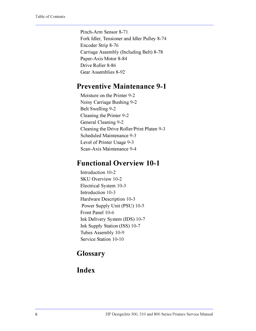 HP 510 Inkjet Large Format CH336A#B1K manual Preventive Maintenance, Functional Overview, Glossary Index 