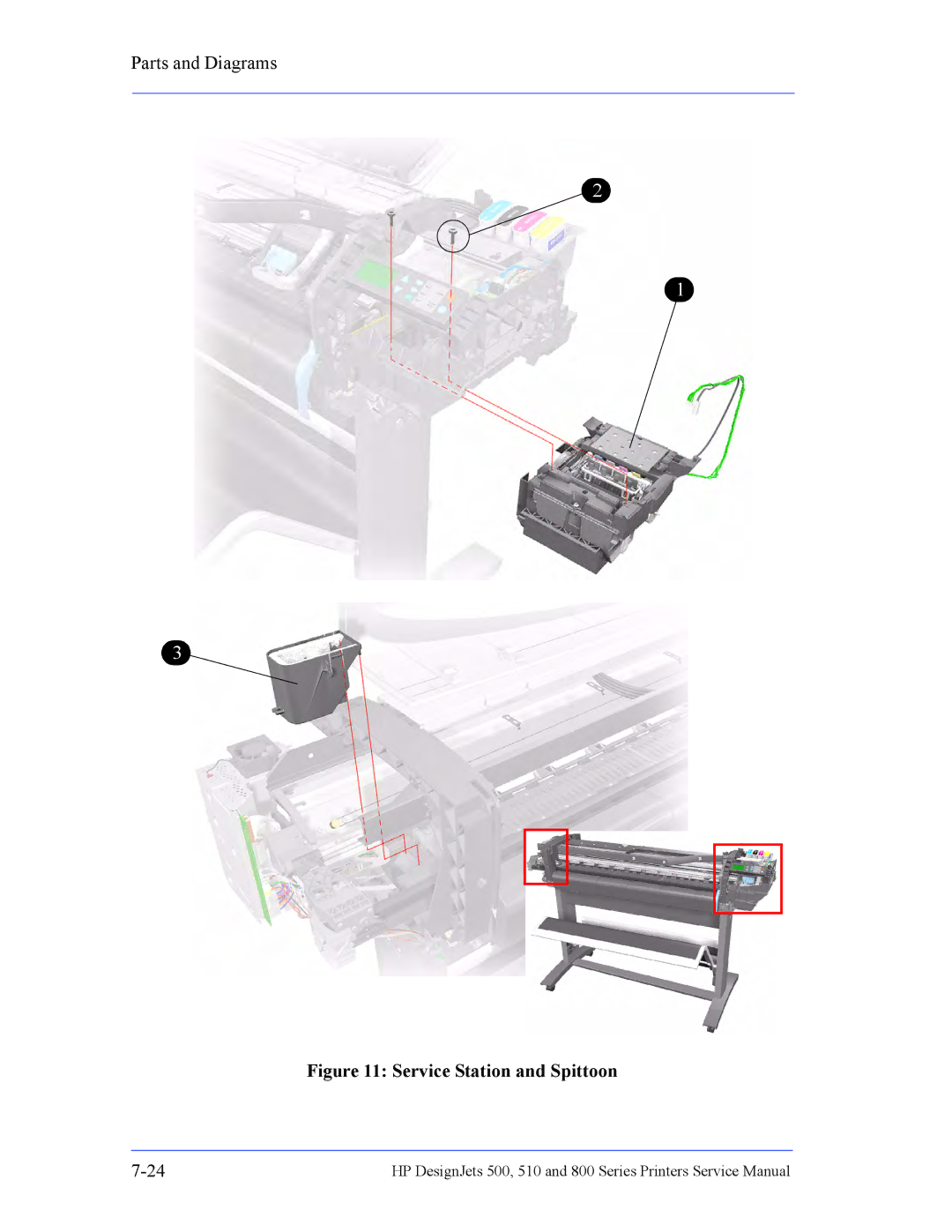 HP 510 Inkjet Large Format CH336A#B1K manual Service Station and Spittoon 