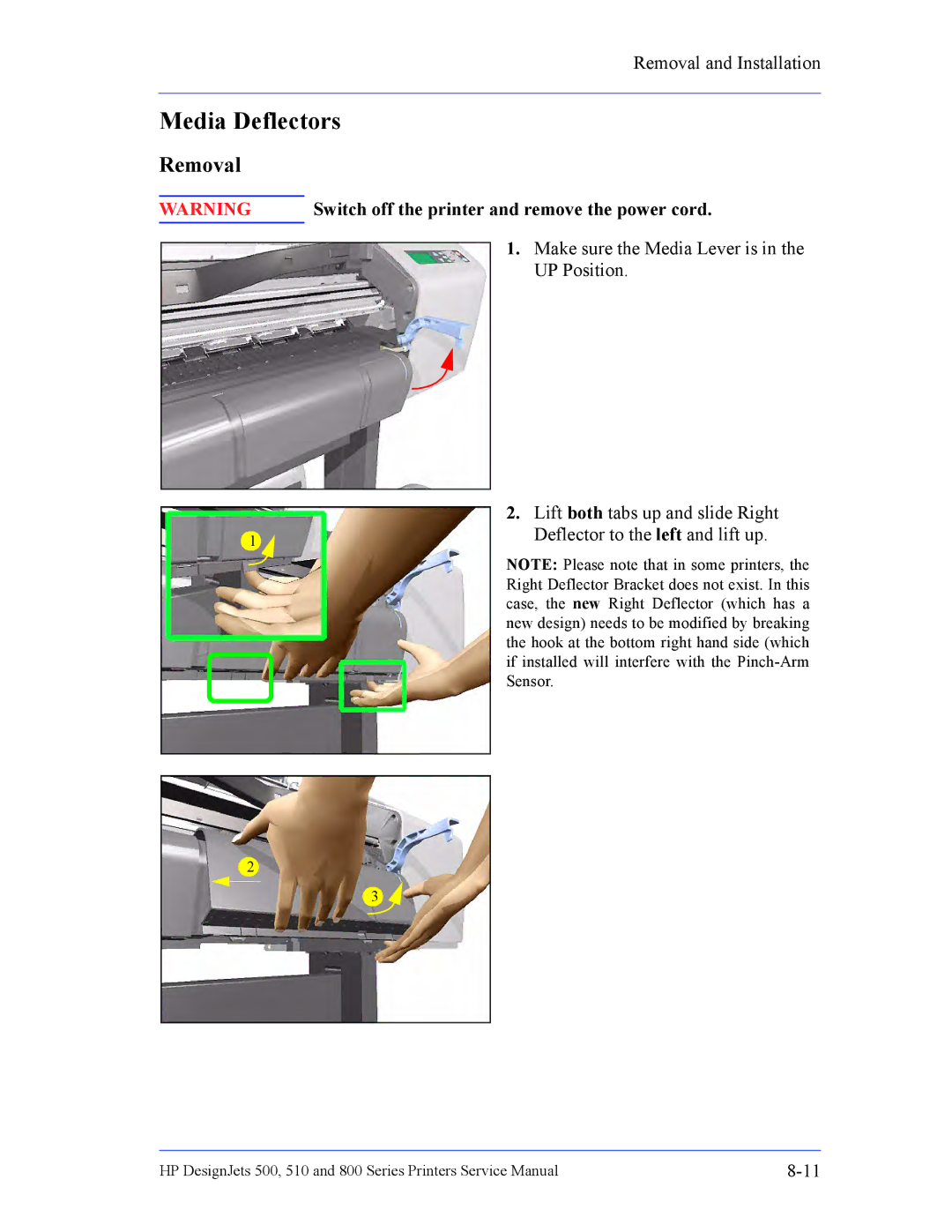 HP 510 Inkjet Large Format CH336A#B1K manual Media Deflectors, Switch off the printer and remove the power cord 