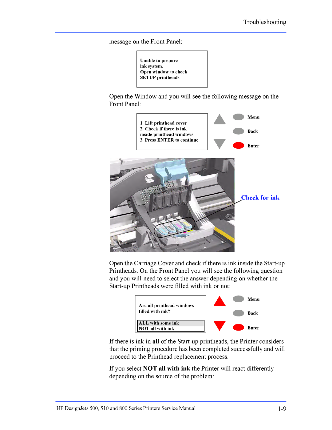 HP 510 Inkjet Large Format CH336A#B1K manual Check for ink 