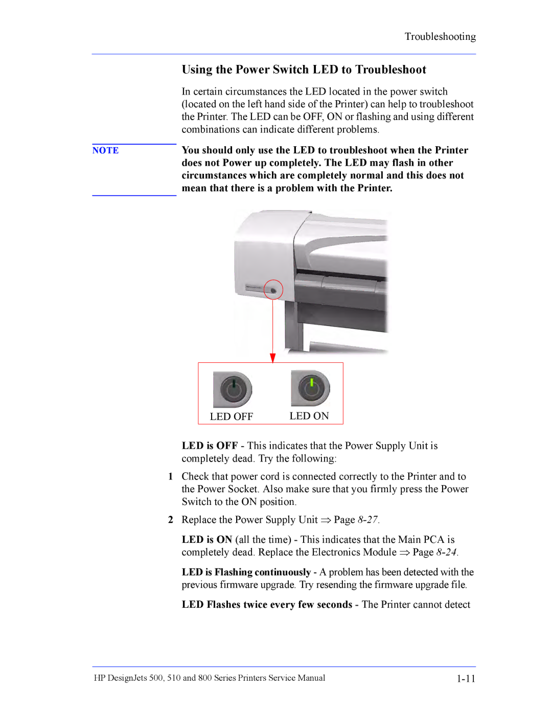 HP 510 Inkjet Large Format CH336A#B1K manual Using the Power Switch LED to Troubleshoot 