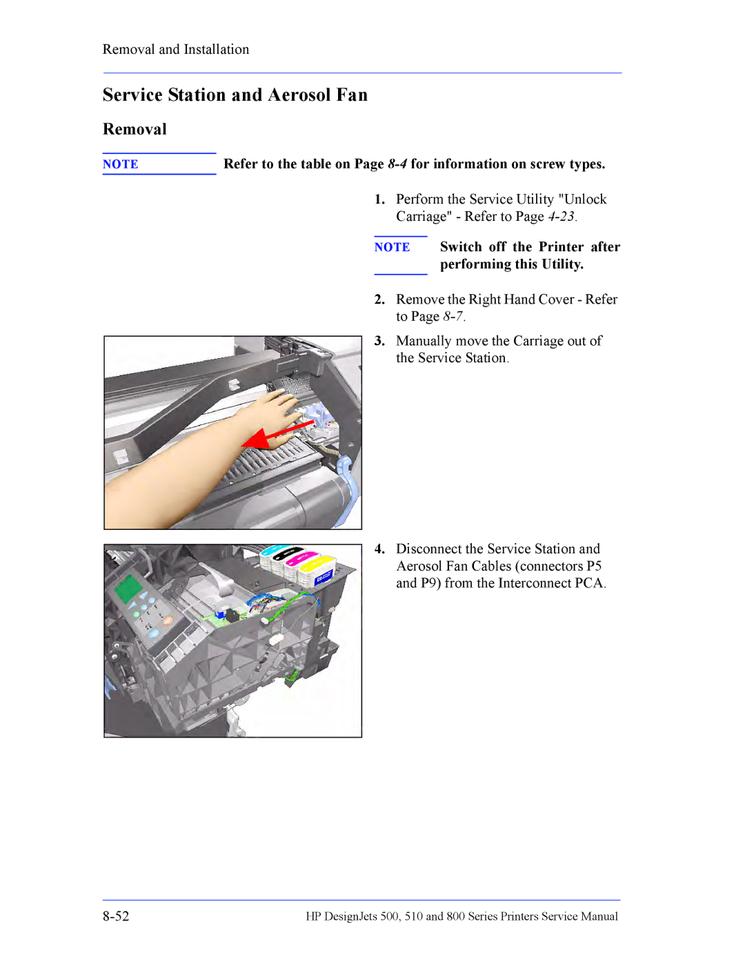 HP 510 Inkjet Large Format CH336A#B1K manual Service Station and Aerosol Fan 