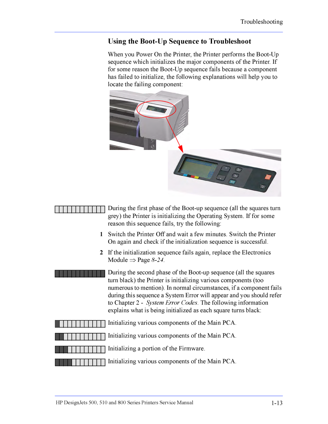 HP 510 Inkjet Large Format CH336A#B1K manual Using the Boot-Up Sequence to Troubleshoot 