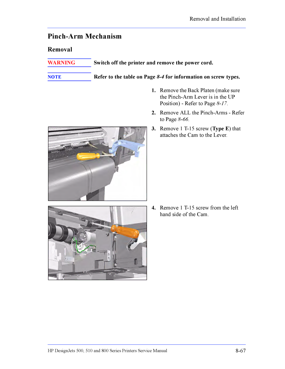 HP 510 Inkjet Large Format CH336A#B1K manual Pinch-Arm Mechanism 