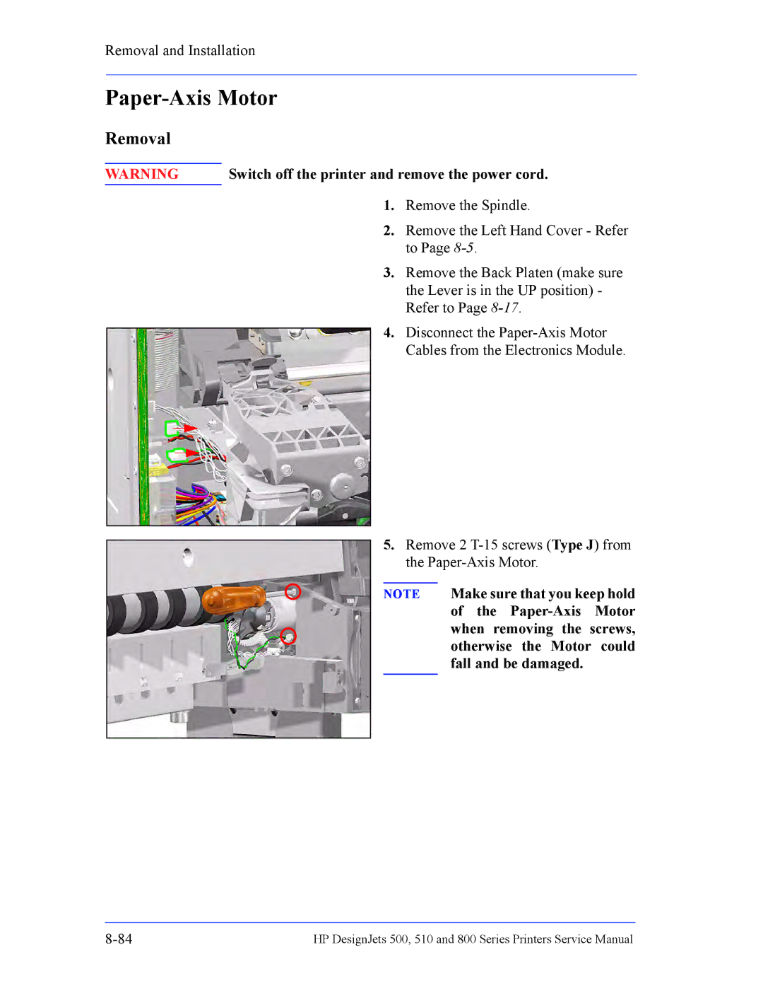 HP 510 Inkjet Large Format CH336A#B1K manual Paper-Axis Motor, Removal 