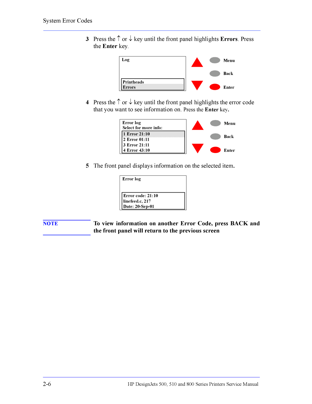 HP 510 Inkjet Large Format CH336A#B1K manual To view information on another Error Code, press Back 