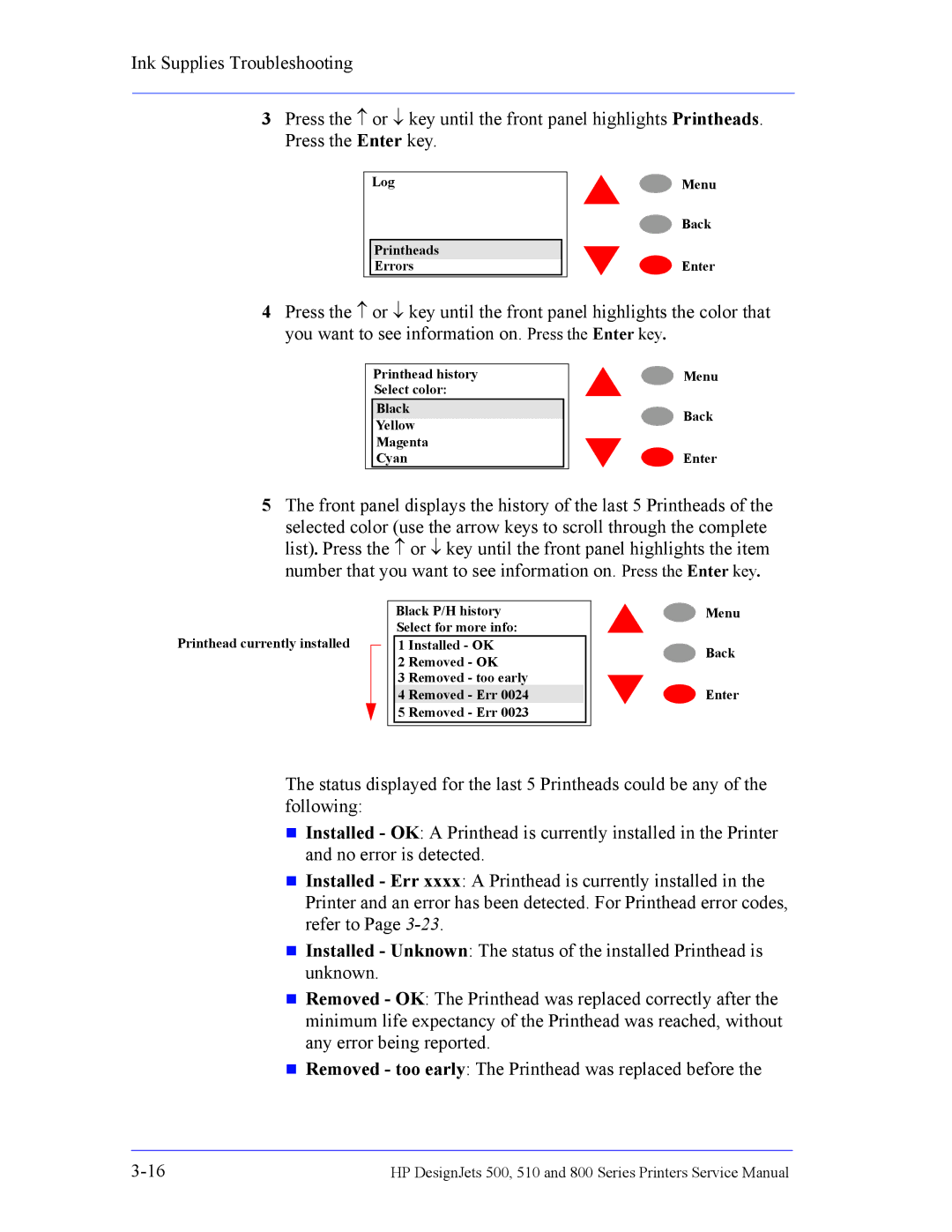 HP 510 Inkjet Large Format CH336A#B1K manual Log Printheads Errors Menu Back Enter 