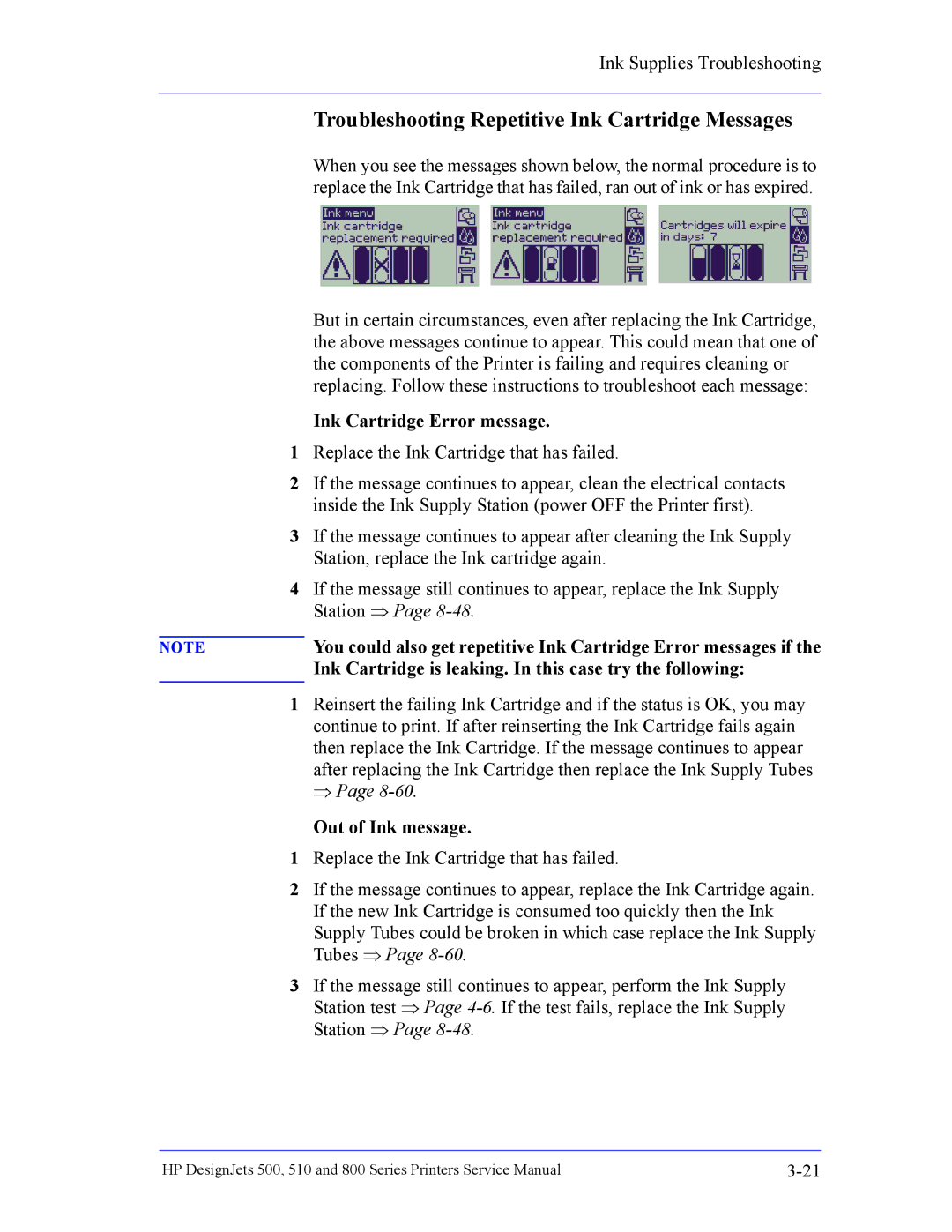 HP 510 Inkjet Large Format CH336A#B1K manual Troubleshooting Repetitive Ink Cartridge Messages, Ink Cartridge Error message 