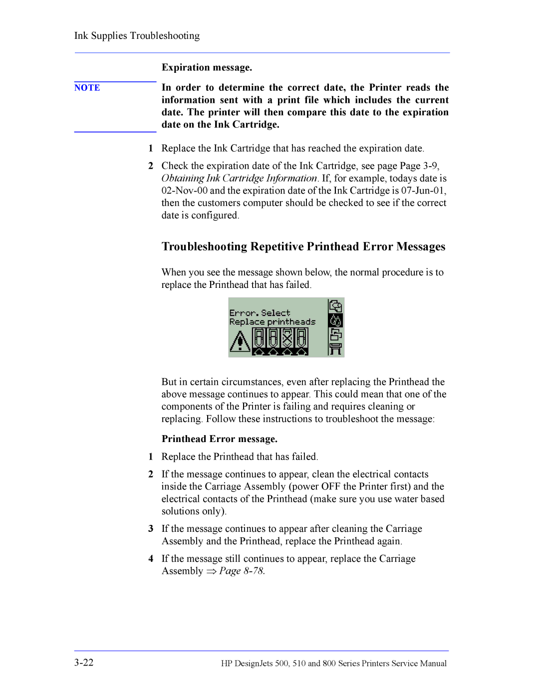 HP 510 Inkjet Large Format CH336A#B1K manual Troubleshooting Repetitive Printhead Error Messages, Expiration message 