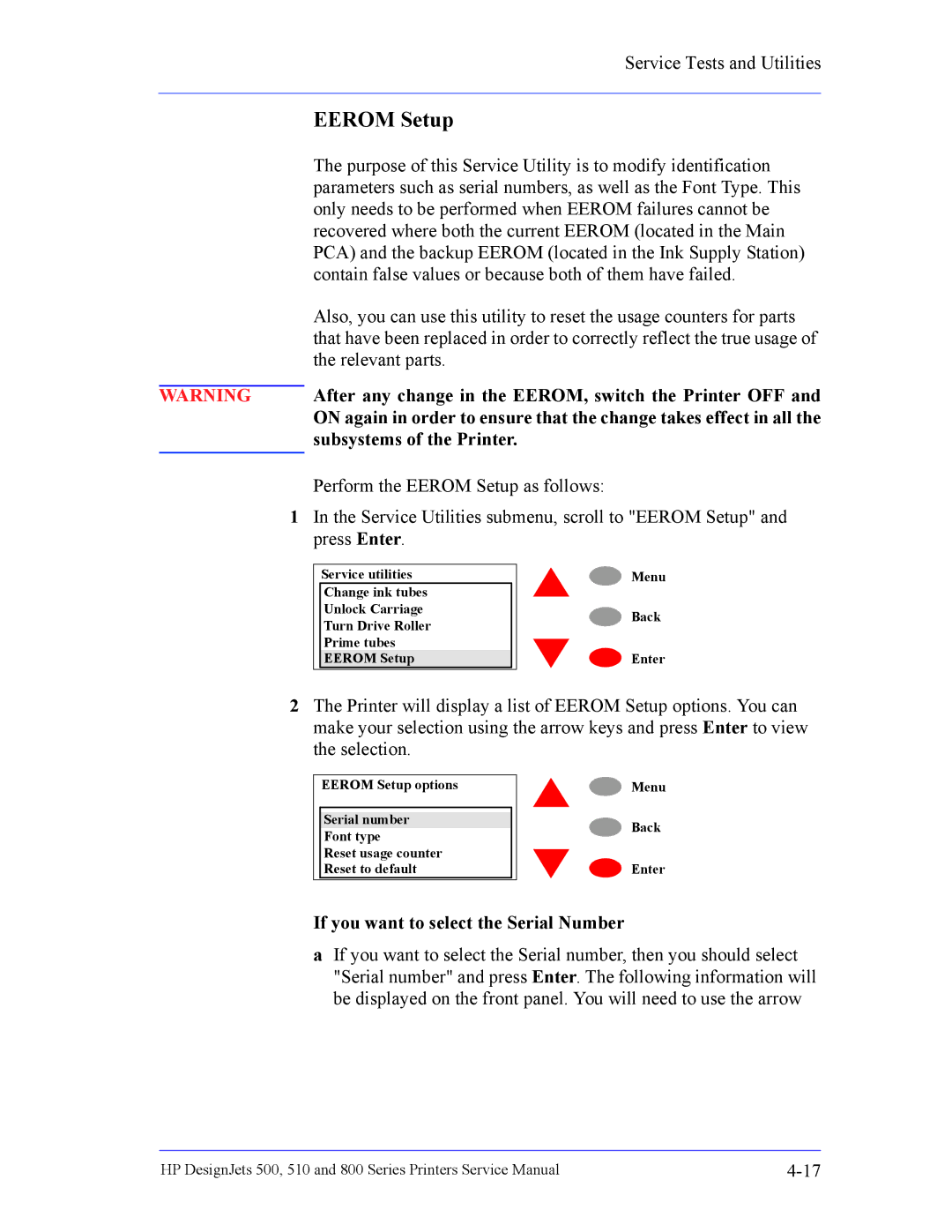 HP 510 Inkjet Large Format CH336A#B1K manual Eerom Setup, After any change in the EEROM, switch the Printer OFF 