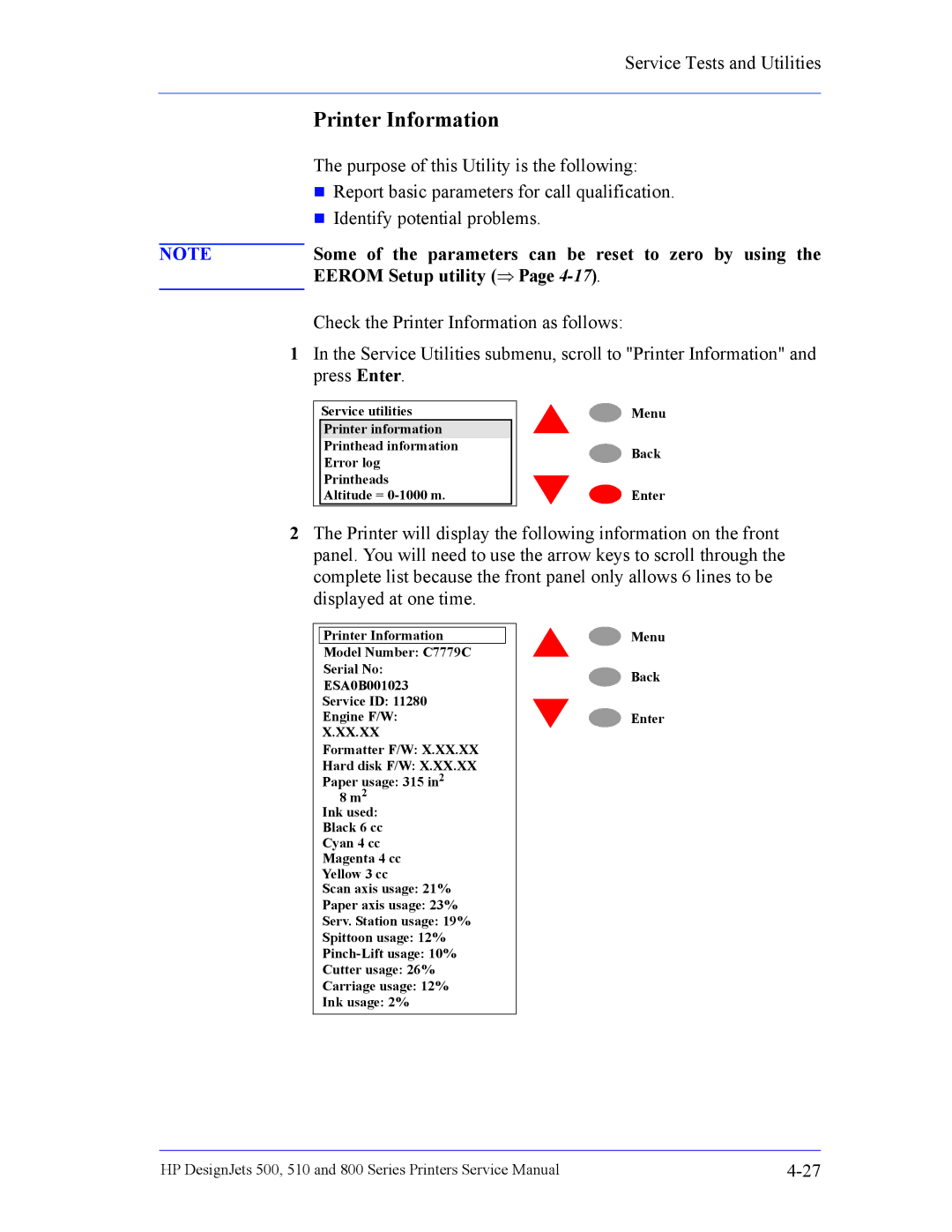 HP 510 Inkjet Large Format CH336A#B1K manual Printer Information, Some of the parameters can be reset to zero by using 