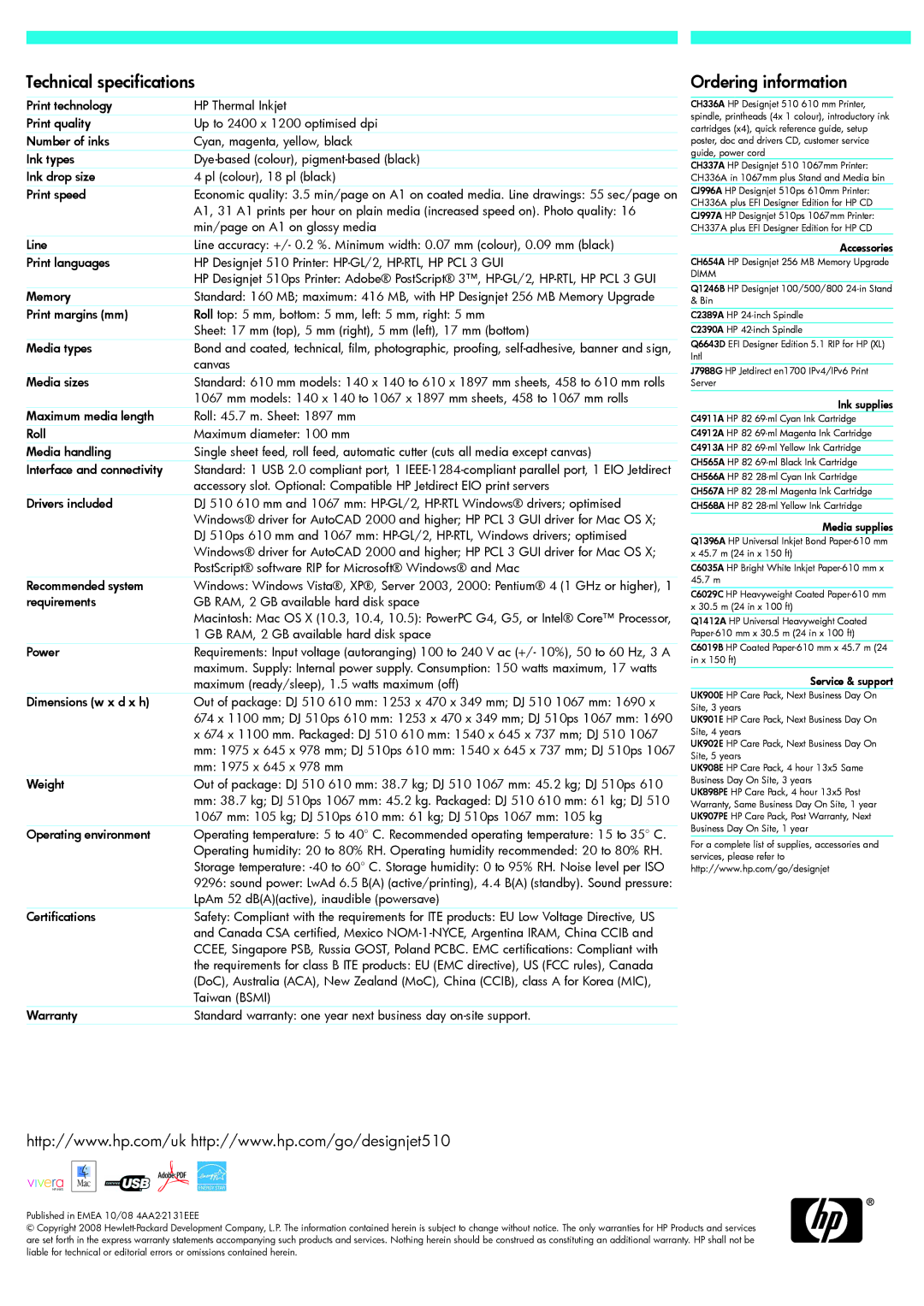 HP 510 manual Technical specifications, Ordering information 