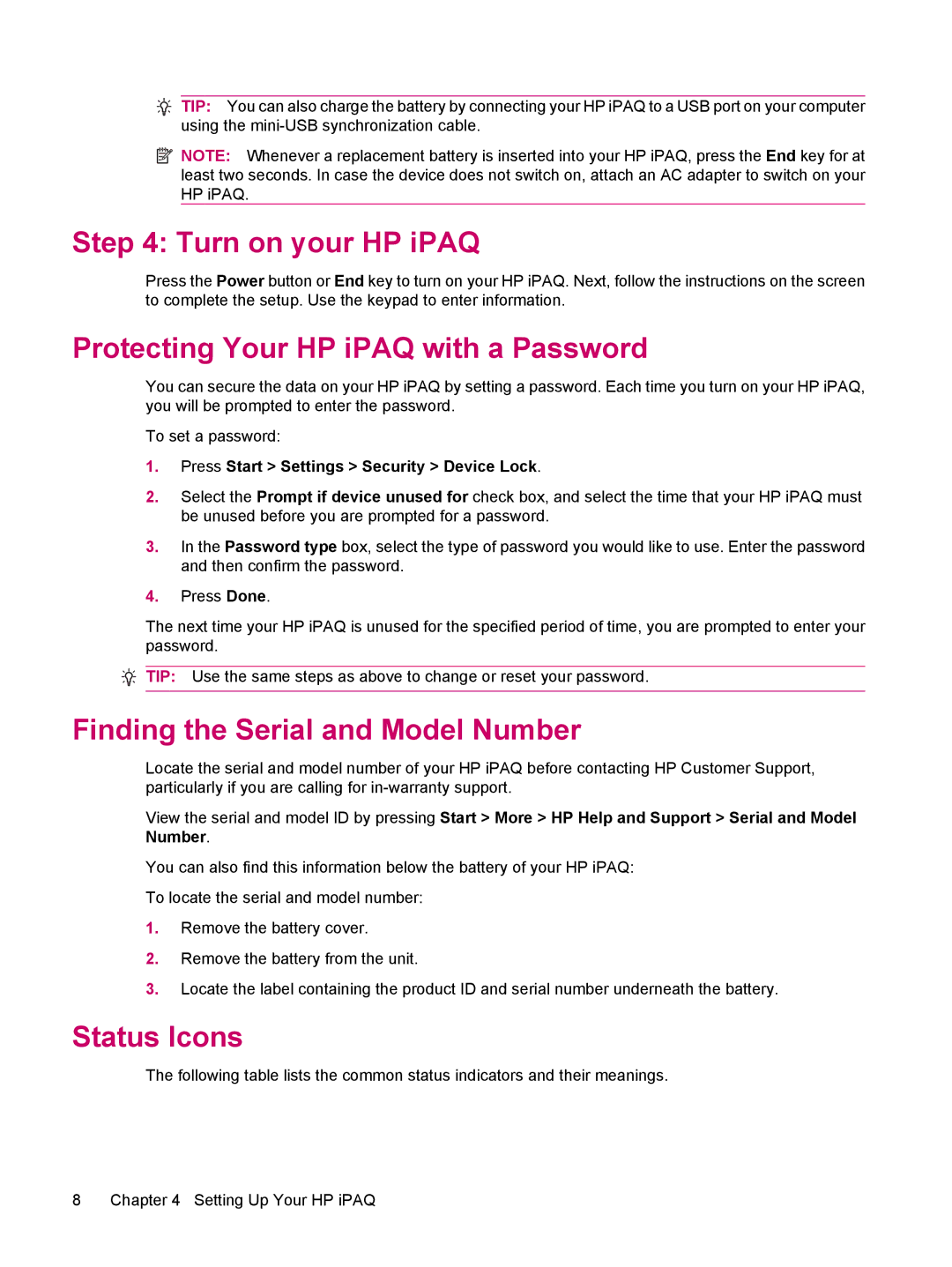 HP 510 Turn on your HP iPAQ, Protecting Your HP iPAQ with a Password, Finding the Serial and Model Number, Status Icons 