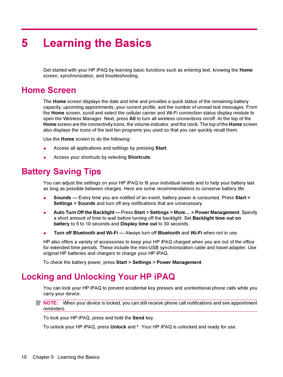 HP 510 manual Learning the Basics, Home Screen, Battery Saving Tips, Locking and Unlocking Your HP iPAQ 