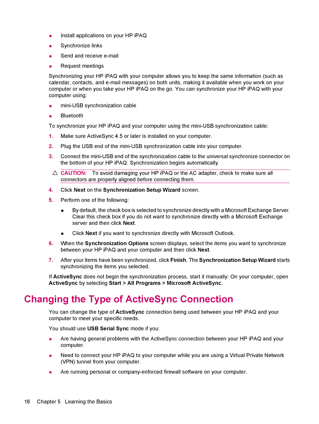 HP 510 manual Changing the Type of ActiveSync Connection, Click Next on the Synchronization Setup Wizard screen 