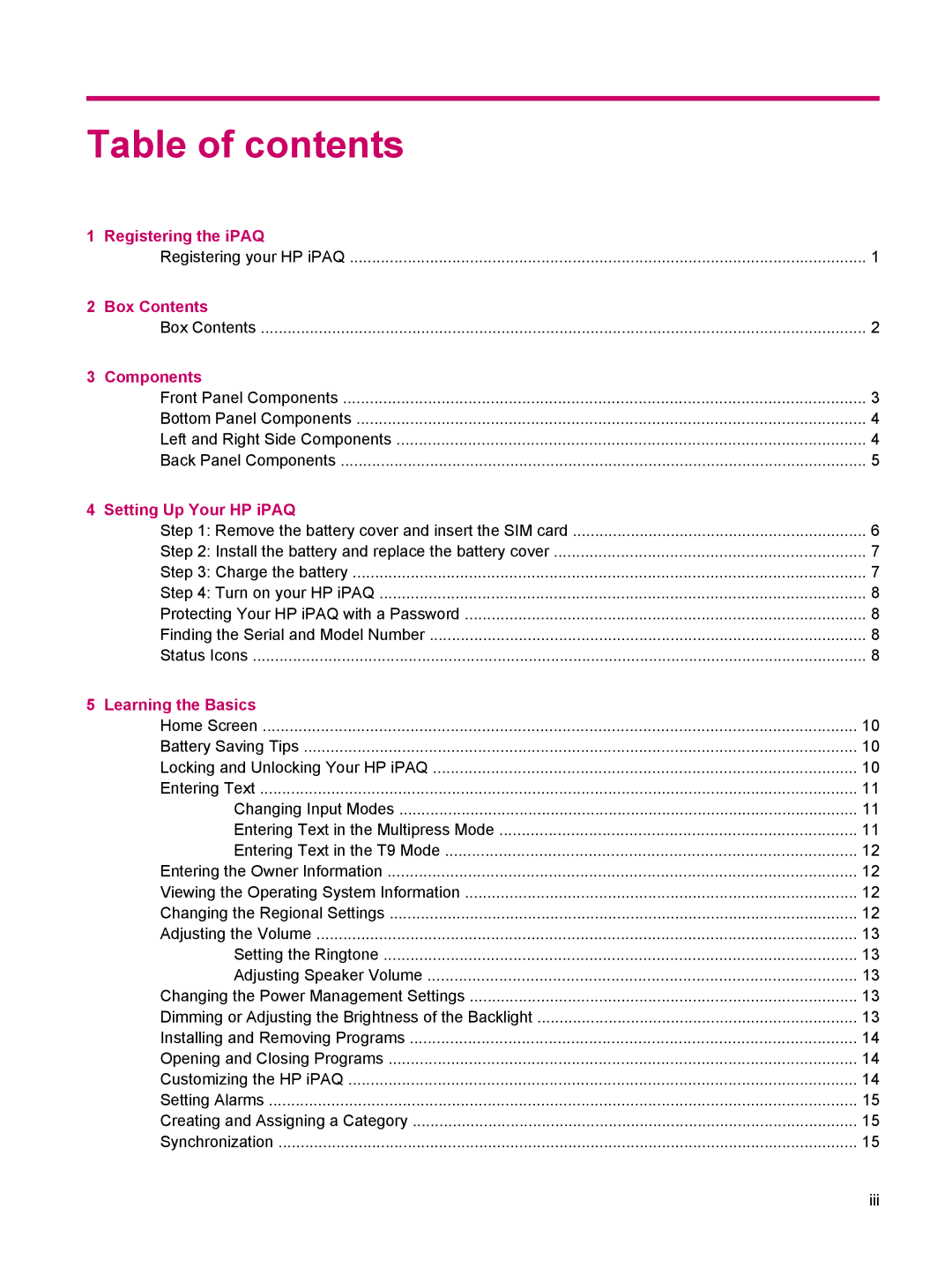 HP 510 manual Table of contents 